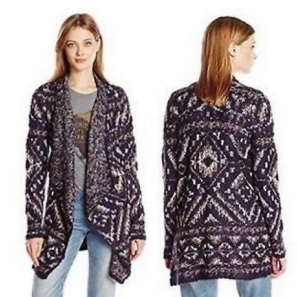 Lucky Brand Navy Geometric Intarsia Alpaca Blend Knit Sweater Cardigan Sz Large - Picture 1 of 11